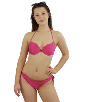 Model mit Bikini, Lurex Glitzer Bikini-Oberteil zum Binden, Pink, Frontansicht